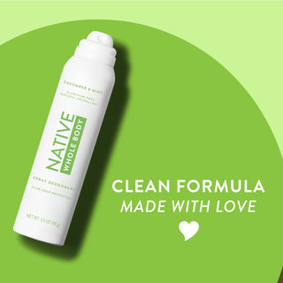 Native Cucumber & Mint Whole Body spray deodorant can on two-tone green background with clean formula made with love text