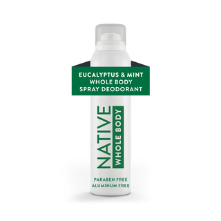 Front view of Native Eucalyptus & Mint Whole Body Deodorant Spray canister, labeled aluminum-free and paraben-free