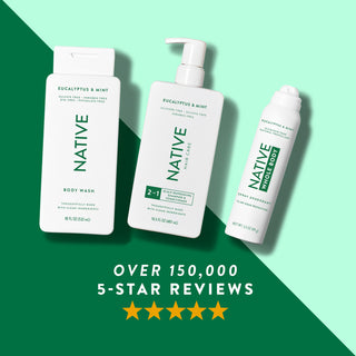 Native Eucalyptus & Mint product lineup, featuring 5-star review graphic