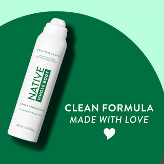 Native Eucalyptus & Mint Whole Body spray deodorant can on two-tone green background with clean formula made with love text