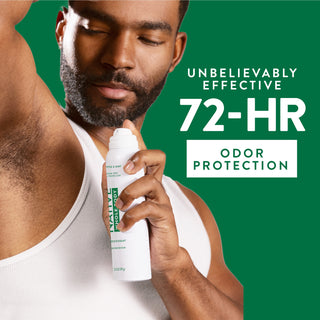 Man applying Native Eucalyptus & Mint Whole Body Deodorant spray underarm with 72-hour odor protection text overlay