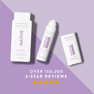Native Lilac & White Tea product lineup, featuring 5-star review graphic