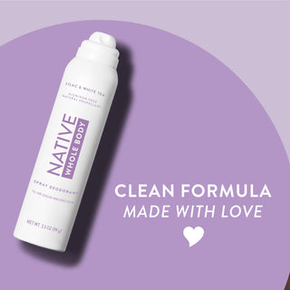 Native Lilac & White Tea Whole Body spray deodorant can on two-tone lilac background with clean formula made with love text