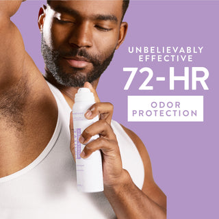 Man applying Native Lilac & White Tea Whole Body Deodorant spray underarm with 72-hour odor protection text overlay