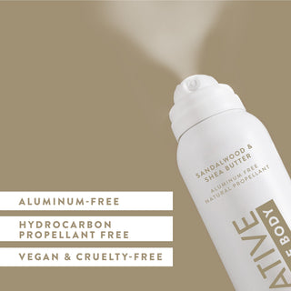 Angled view of Native Whole Body Deodorant in Sandalwood & Shea Butter scent spraying, labeled aluminum-free and natural propellant