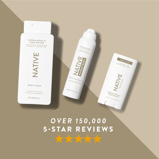 Native Sandalwood & Shea Butter product lineup surrounded, featuring 5-star review graphic