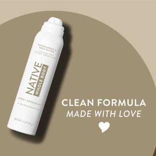 Native Sandalwood & Shea Butter Whole Body spray deodorant can on two-tone beige background with clean formula made with love text