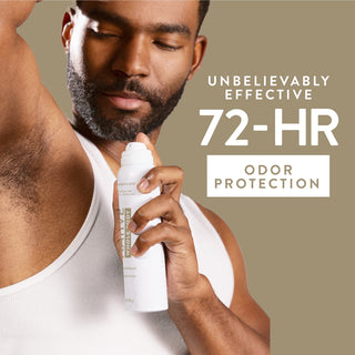 Man applying Native Sandalwood & Shea Butter Whole Body Deodorant spray underarm with 72-hour odor protection text overlay