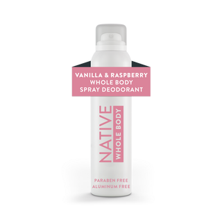 Front view of Native Vanilla & Raspberry Whole Body Deodorant Spray canister, labeled aluminum-free and paraben-free