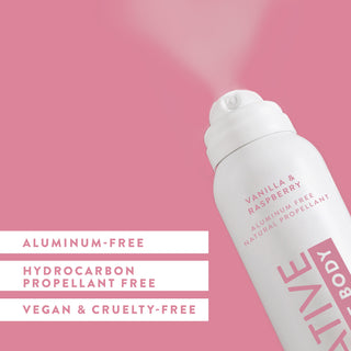 Angled view of Native Whole Body Deodorant in Vanilla & Raspberry scent spraying, labeled aluminum-free and natural propellant