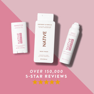 Native Vanilla & Raspberry product lineup surrounded, featuring 5-star review graphic