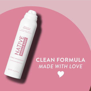 Native Vanilla & Raspberry Whole Body spray deodorant can on two-tone pink background with clean formula made with love text