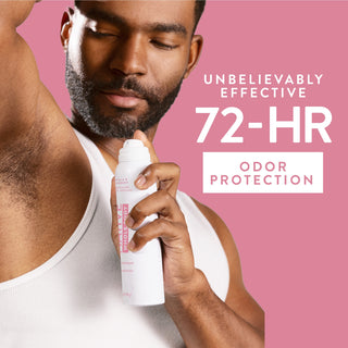Man applying Native Vanilla & Raspberry Whole Body Deodorant spray underarm with 72-hour odor protection text overlay
