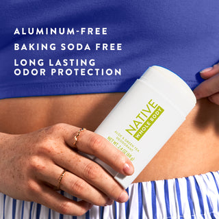 Native Aloe & Green Tea Whole Body stick deodorant with text reading "Aluminum-free, baking soda free, long lasting odor protection"