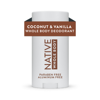 Front view of Native Coconut & Vanilla Whole Body Deodorant Stick, labeled aluminum-free and paraben-free