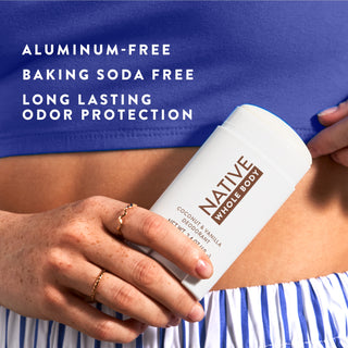 Angled view of Native Whole Body Deodorant in Coconut & Vanilla scent, with text reading "Aluminum-free baking soda free, long lasting odor protection"