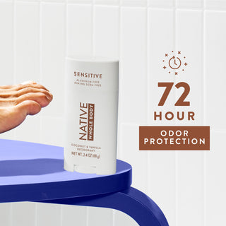 Native Coconut & Vanilla Whole Body Deodorant stick with 72-hour odor protection text overlay