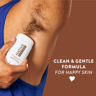 Man applying Native Coconut & Vanilla Whole Body Deodorant stick underarm with clean & gentle formula for happy skin text overlay