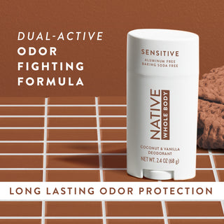 Native Coconut & Vanilla Whole Body Deodorant Stick with text reading "Dual-active odor fighting formula"