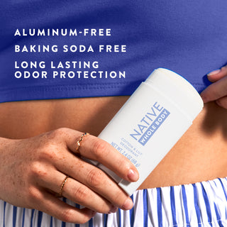 Native Cotton & Lily Whole Body Deodorant Stick with text reading "Aluminum-free, baking soda free, long lasting odor protection"