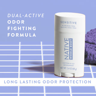Native Cotton & Lily Whole Body Deodorant Stick with dual-active odor fighting formula text overlay