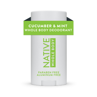Front view of Native Cucumber & Mint Whole Body Deodorant Stick, labeled aluminum-free and paraben-free