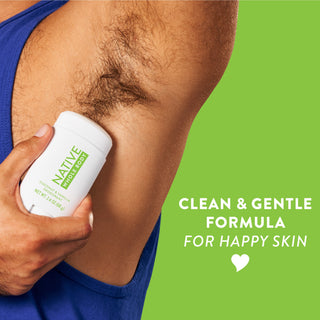 Man applying Native Cucumber & Mint Whole Body Deodorant stick underarm with clean & gentle formula for happy skin text overlay