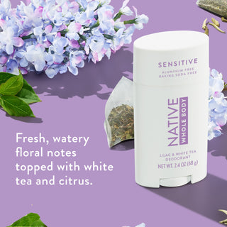 Native Whole Body Deodorant with lilac bouquets on lilac background