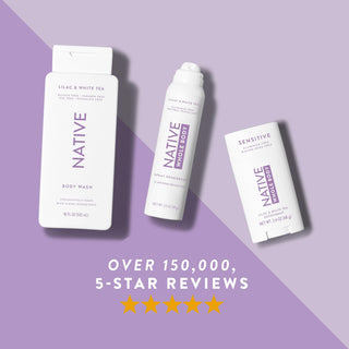 Native Lilac & White Tea product lineup, featuring 5-star review graphic