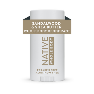 Front view of Native Sandalwood & Shea Butter Whole Body Deodorant Stick, labeled aluminum-free and paraben-free