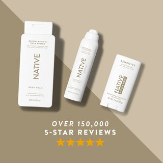 Native Sandalwood & Shea Butter product lineup, featuring 5-star review graphic
