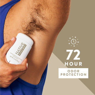Man applying Native Sandalwood & Shea Butter Whole Body Deodorant Stick underarm with 72-hour odor protection text overlay
