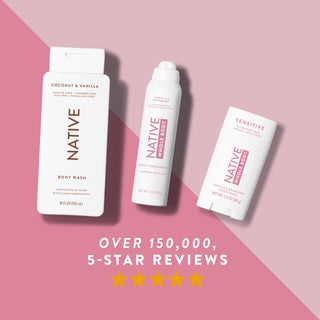 Native Coconut Body Bash, Vanilla & Raspberry product lineup, featuring 5-star review graphic