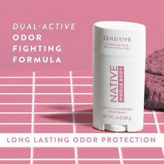 Native Vanilla & Raspberry Whole Body Deodorant Stick with dual-active odor fighting formula text overly