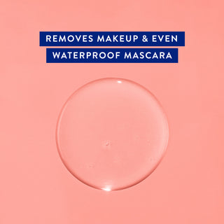Clear gel with text above reading "Removes Makeup & Even Waterproof Mascara" on a pink background