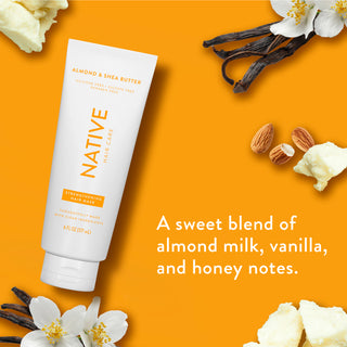 Native Strengthening Hair Mask with text “A sweet blend of almond milk, vanilla, and honey notes”