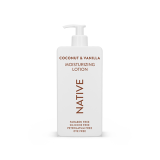 Native Coconut & Vanilla Moisturizing Lotion bottle, highlighting paraben free, silicone free, petrolatum free, and dye free