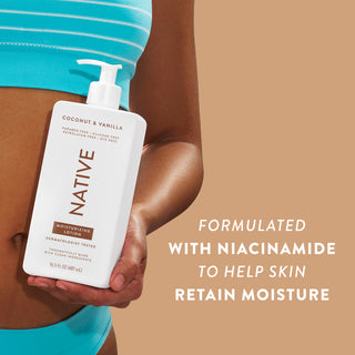 Woman holding Native Coconut & Vanilla Moisturizing Lotion bottle with text reading "Formulated with niacinamide to help skin retain moisture"