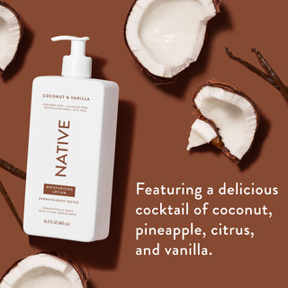 Native Moisturizing Lotion bottle promoting "A delicious cocktail of coconut, pineapple, citrus, and vanilla"
