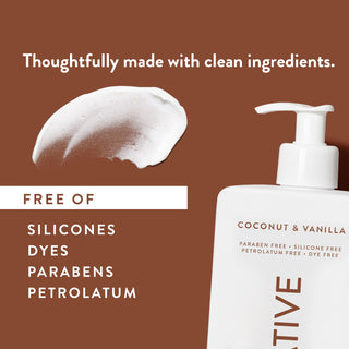 White lotion smear next to text reading "Thoughtfully made with clean ingredients. Free of parabens, silicones, sulfates, dye, vegan & cruelty free"