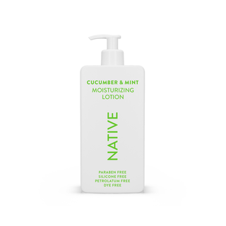 Native Cucumber & Mint Moisturizing Lotion bottle, highlighting paraben free, silicone free, petrolatum free, and dye free
