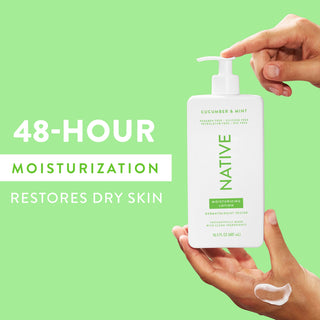 Hand pumping Native Cucumber & Mint Moisturizing Lotion bottle, with “48-Hour Moisturization restores dry skin” text
