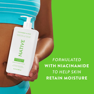 Woman holding Native Cucumber & Mint Moisturizing Lotion bottle with text reading "Formulated with niacinamide to help skin retain moisture"
