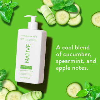 Native Cucumber & Mint Moisturizing Lotion bottle next to text "A cool blend of cucumber, spearmint, and apple notes"