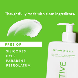 White lotion smear next to text reading "Thoughtfully made with clean ingredients. Free of parabens, silicones, sulfates, dye, vegan & cruelty free"