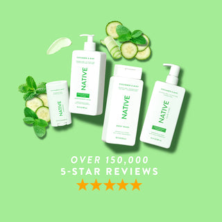 Native Cucumber & Mint products arranged with cucumber slices and mint leaves, promoting “Over 150,000, 5-Star Reviews”