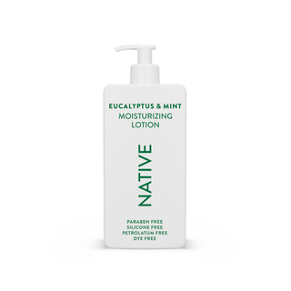 Native Eucalyptus & Mint Moisturizing Lotion bottle, highlighting paraben free, silicone free, petrolatum free, and dye free