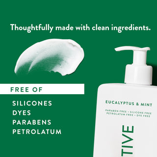 White lotion smear next to text reading "Thoughtfully made with clean ingredients. Free of parabens, silicones, sulfates, dye, vegan & cruelty free"