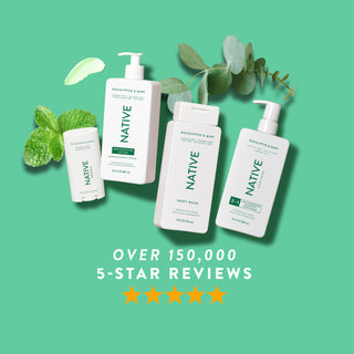 Native Eucalyptus & Mint products arranged with  eucalyptus and mint leaves, promoting “Over 150,000, 5-Star Reviews”