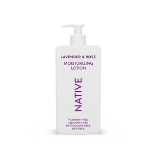 Native Lavender & Rose Moisturizing Lotion bottle, highlighting paraben free, silicone free, petrolatum free, and dye free